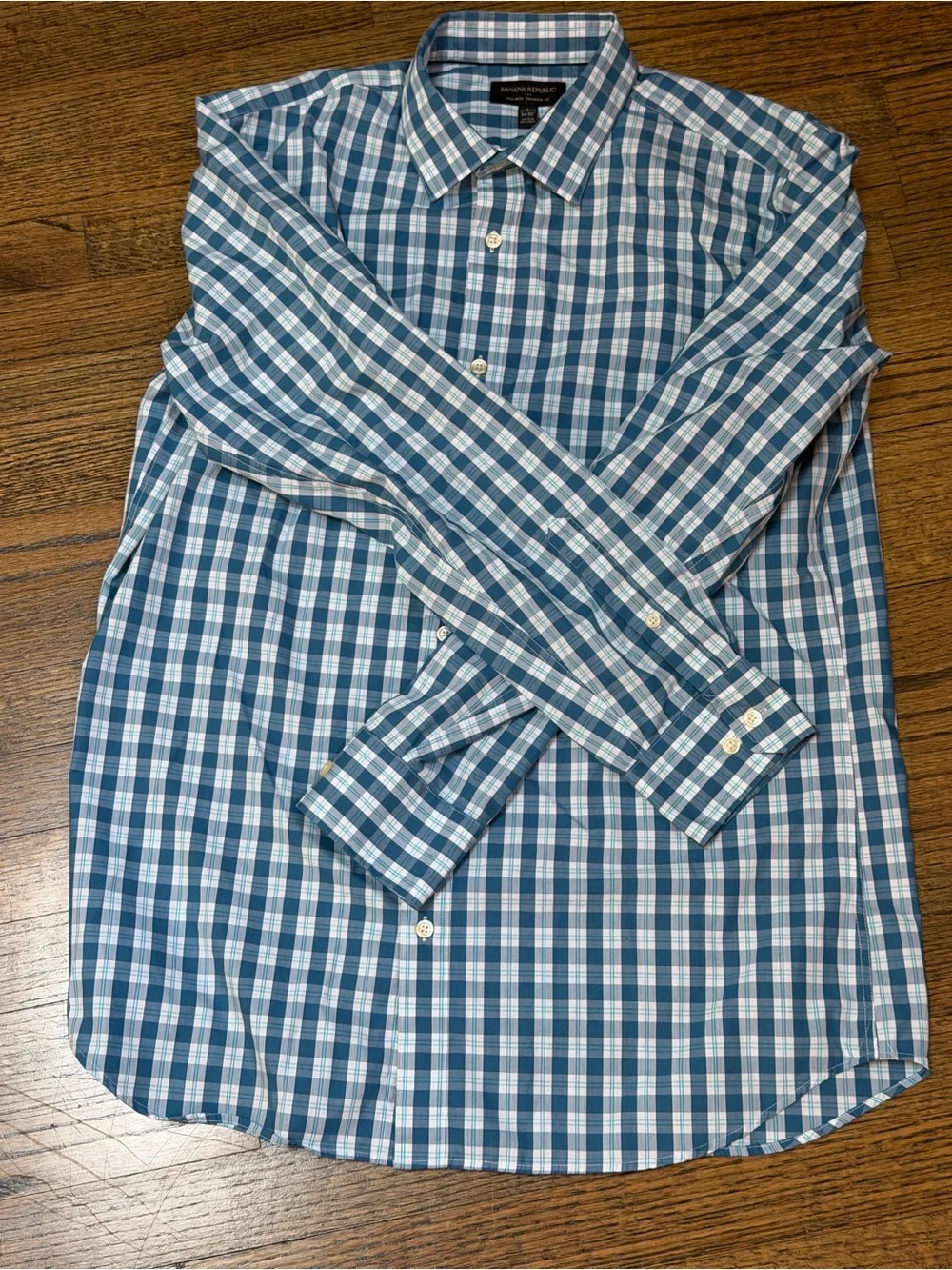 Banana Republic Non-Iron Standard Fit Blue White Plaid Dress Shirt Large